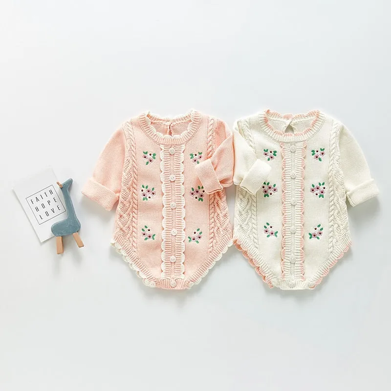 Long Sleeve Knitted Rompers Embroidery White
