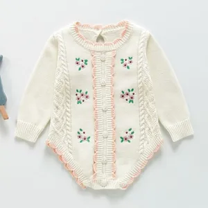 Long Sleeve Knitted Rompers Embroidery White