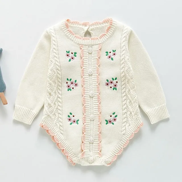 Long Sleeve Knitted Rompers Embroidery White