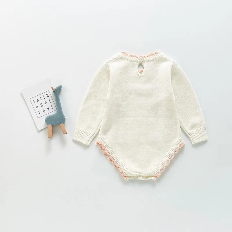 Long Sleeve Knitted Rompers Embroidery White