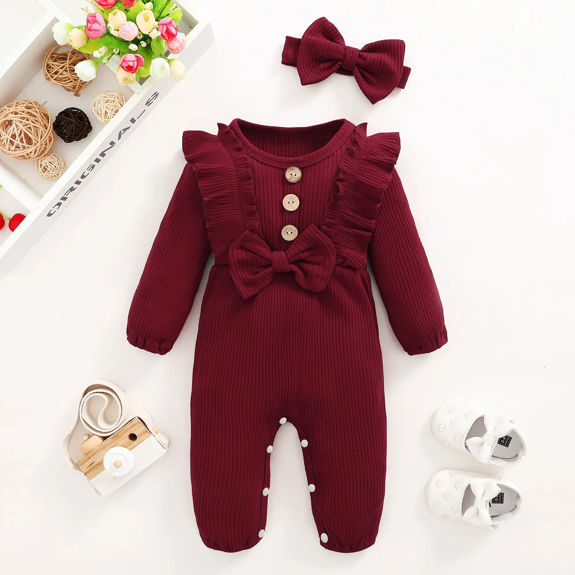 Long-sleeve Newborn Costume Romper with Headband for Babies