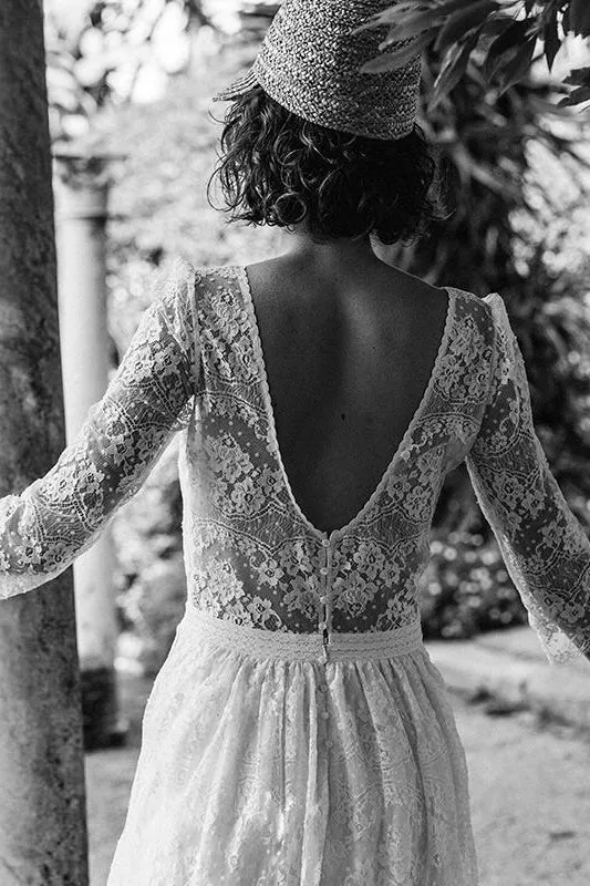 Long Sleeve Vintage Tea-length Lace Wedding Dress With And V-back-715779