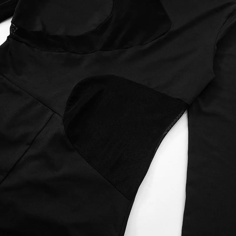 Long sleeve zip-up mesh patchwork crewneck romper