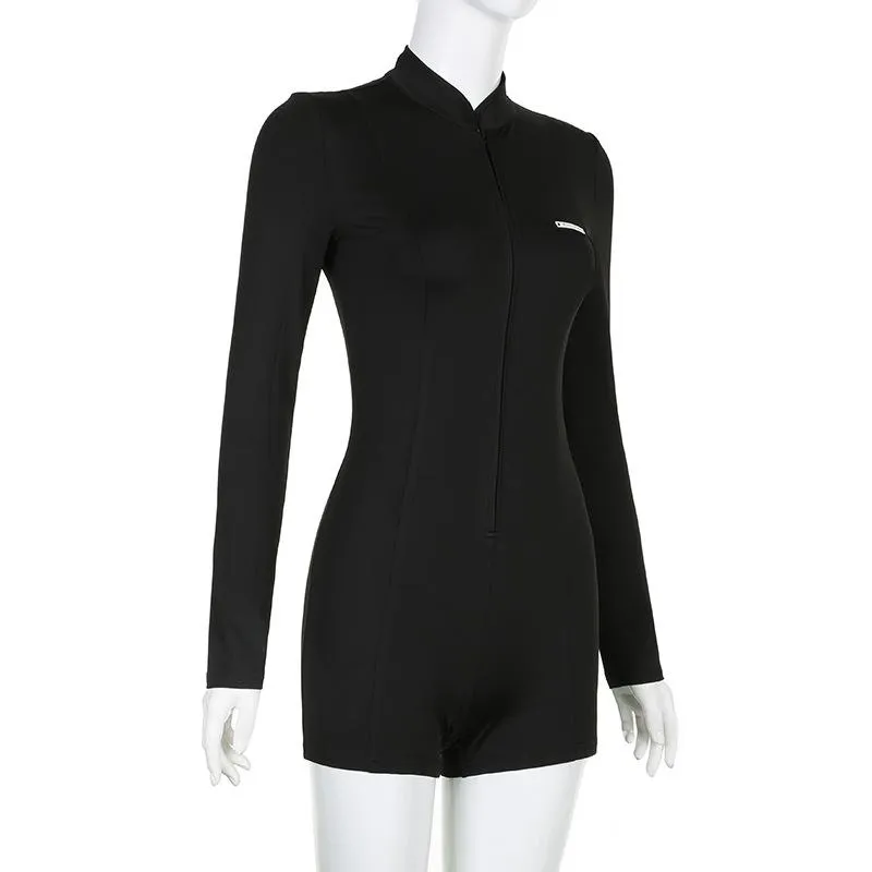 Long sleeve zip-up solid romper