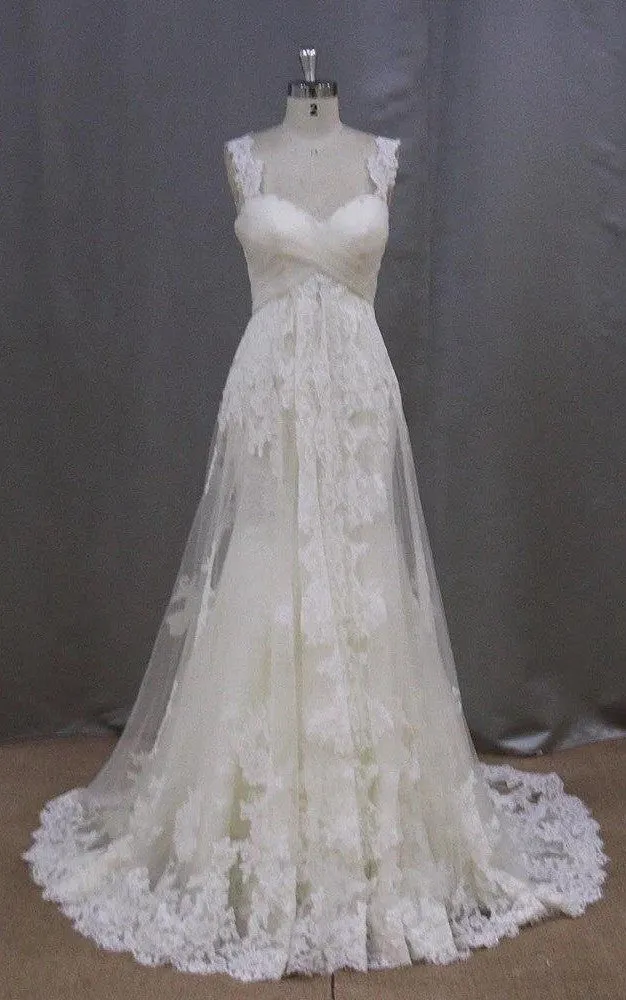 Long Sleeveless A-Line Lace Wedding Dress With Empire Waist-ET_711358