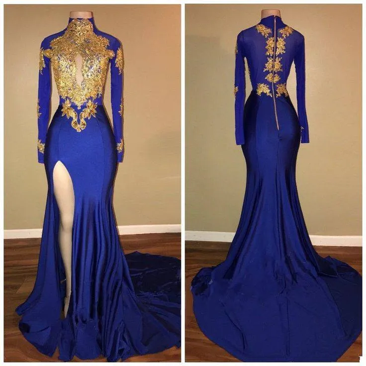 Long Sleeves Blue Gold Prom Dresses 2024 Side Slit Evening Gowns