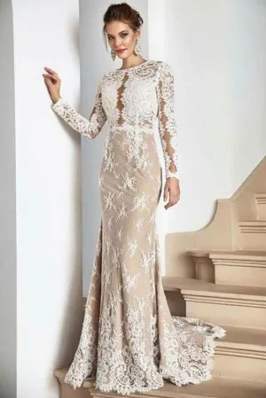 Long sleeves Champange Princess Lace Floor length V-neck Wedding Dresses