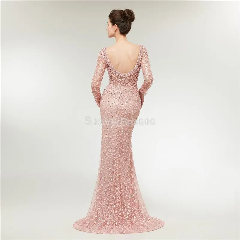Long Sleeves Lace Mermaid Peach Evening Prom Dresses, Evening Party Prom Dresses, 12020