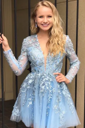 Long Sleeves V Neck Short Light Blue Lace Prom Dress, Short Homecoming Dress APH0225