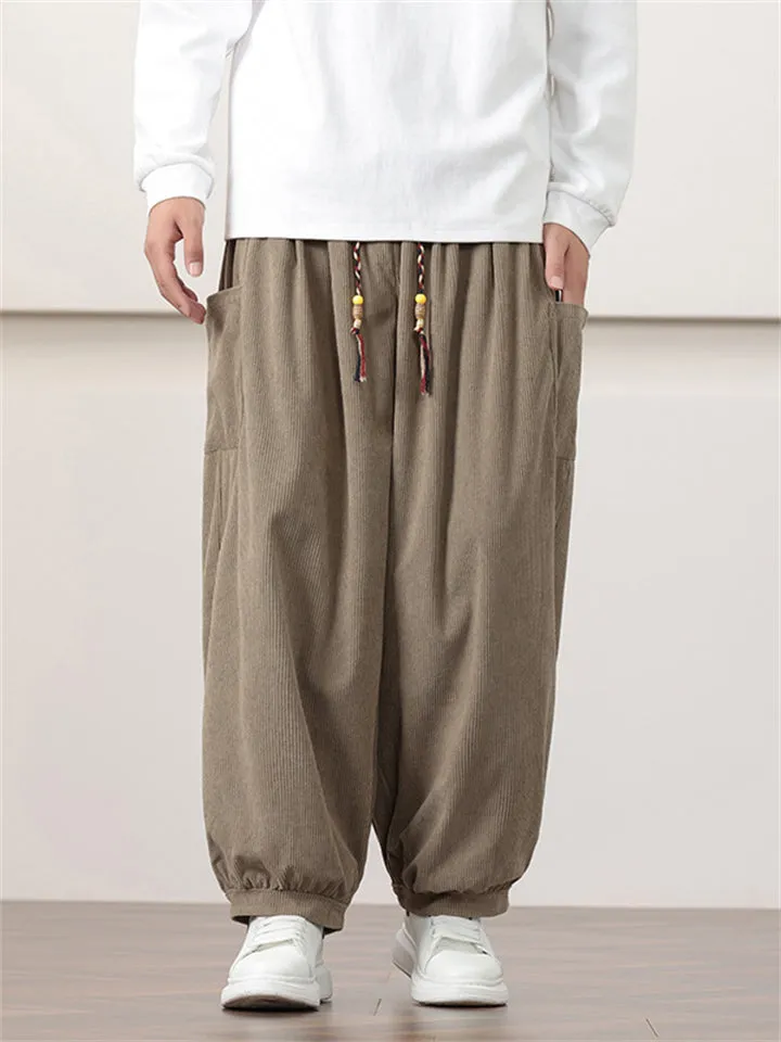 Loose Fit Braided Drawstring Corduroy Pants for Men