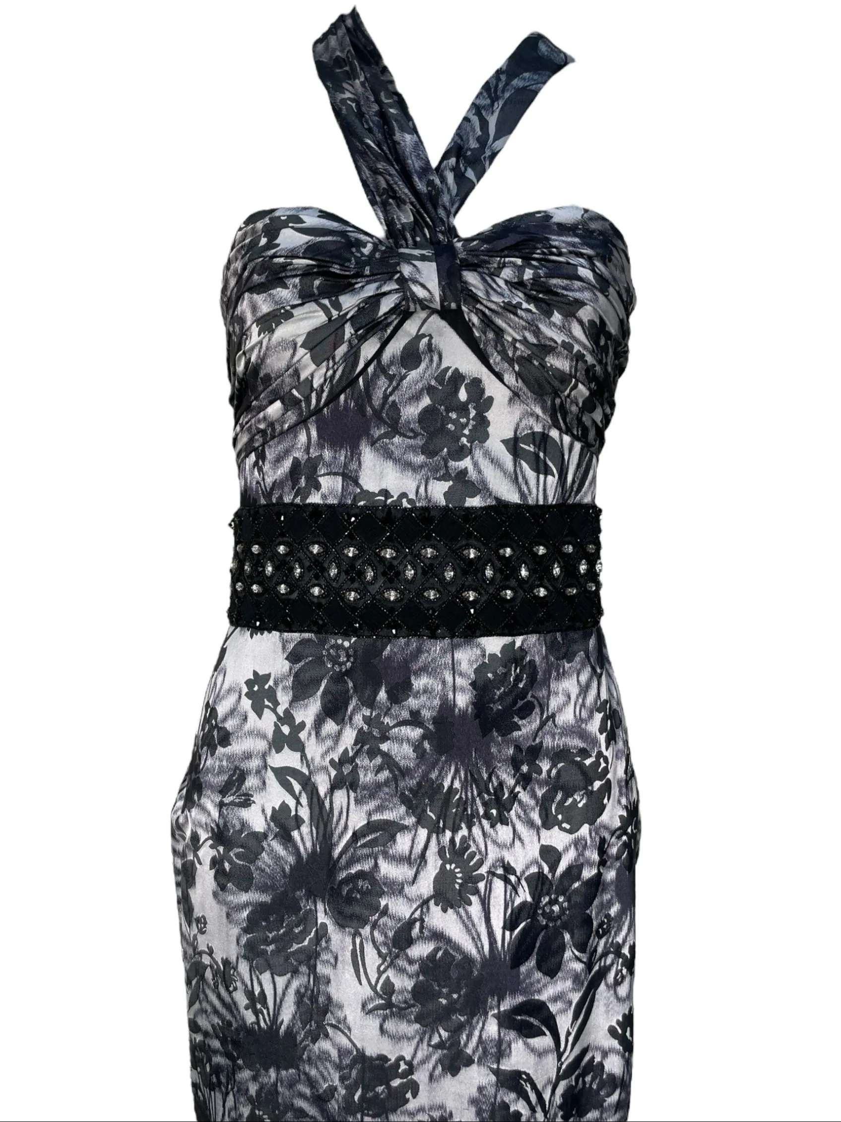 Lorena Sarbu 2000s Cross Neck Warp Printed Black & White Floral Halter Neck Gown