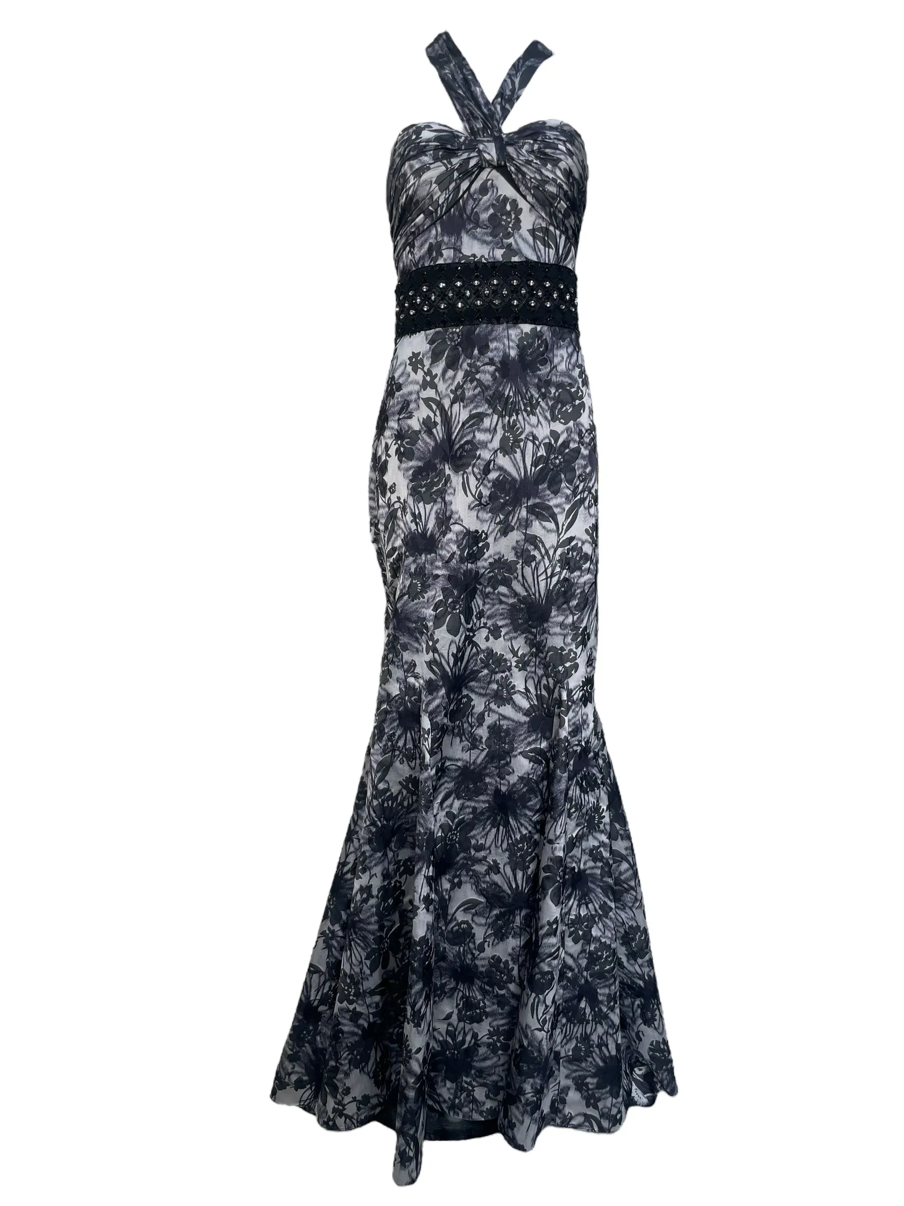 Lorena Sarbu 2000s Cross Neck Warp Printed Black & White Floral Halter Neck Gown