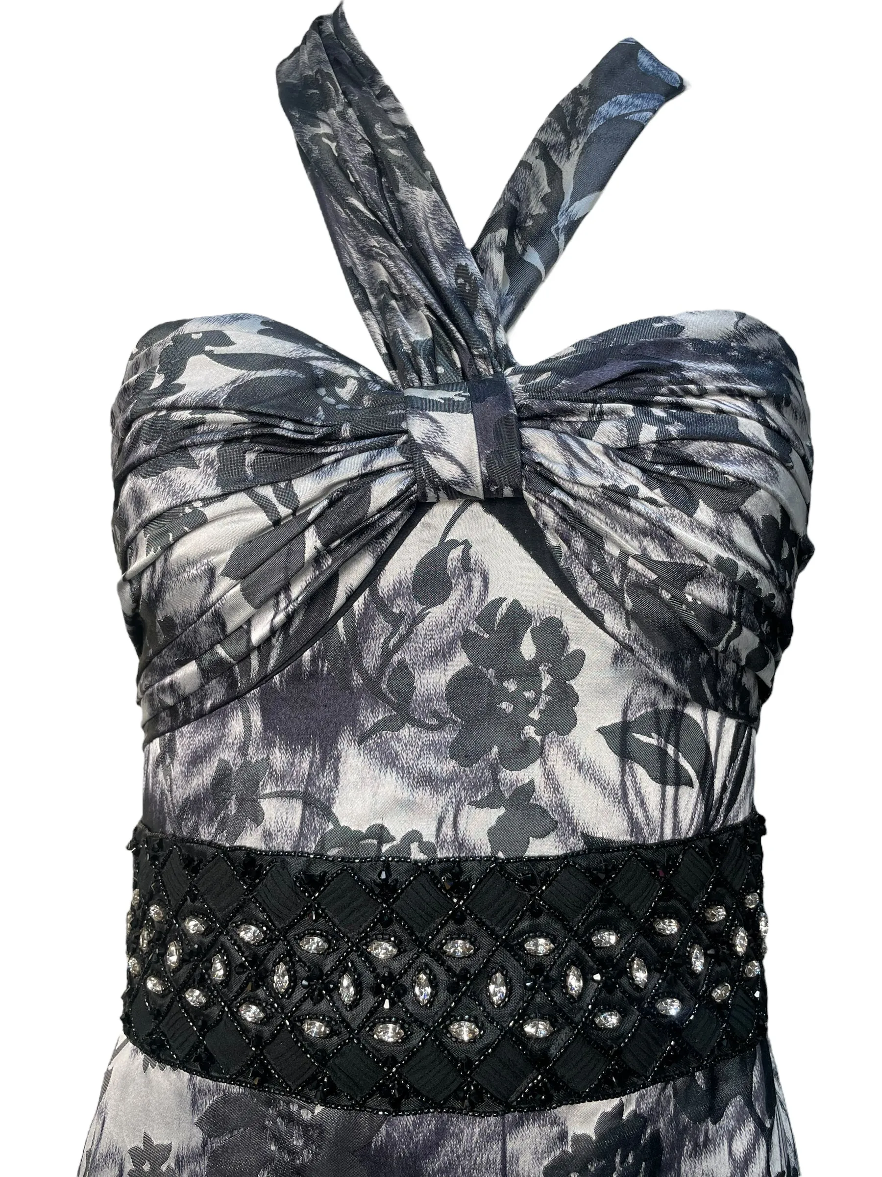 Lorena Sarbu 2000s Cross Neck Warp Printed Black & White Floral Halter Neck Gown