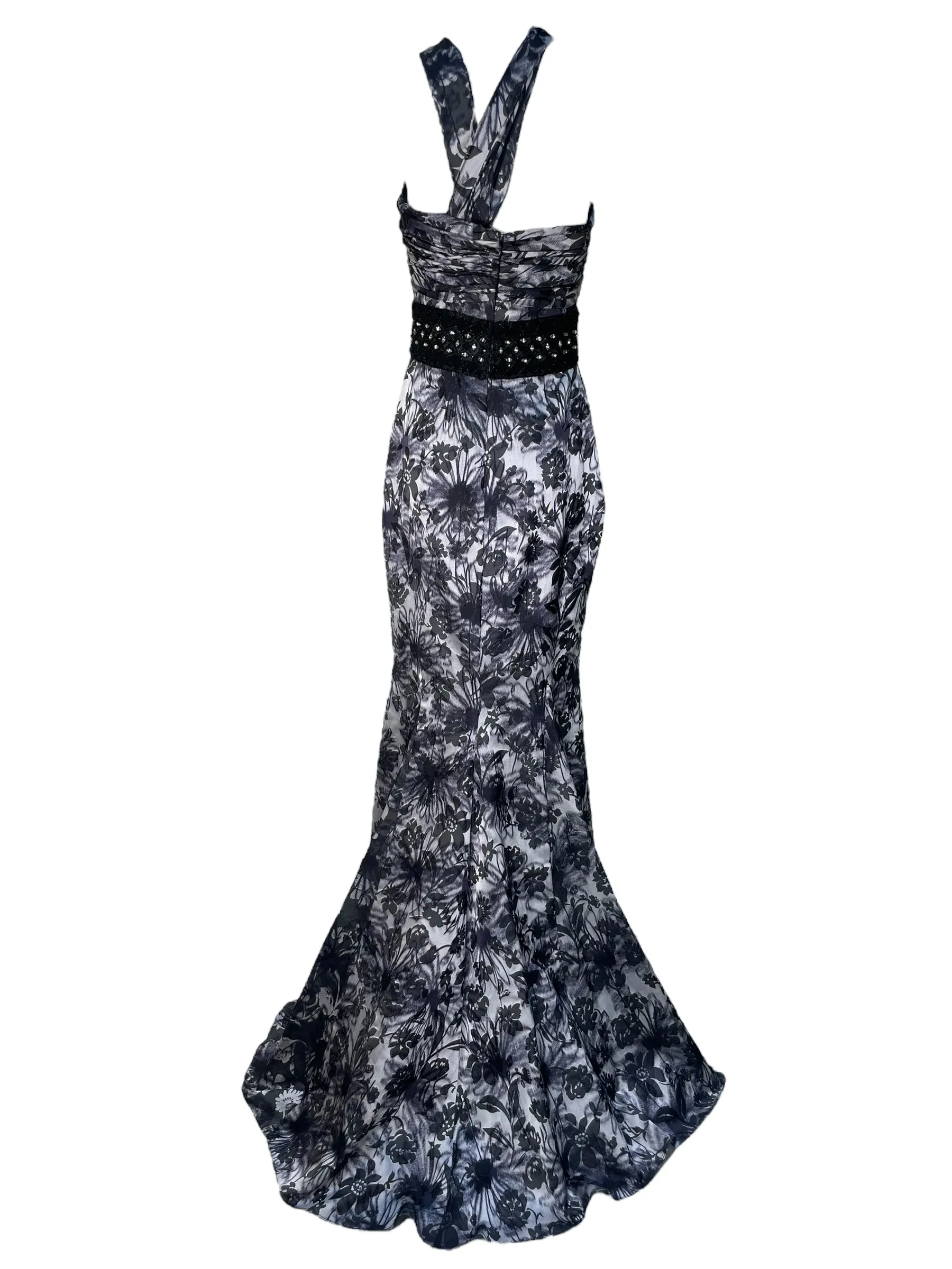 Lorena Sarbu 2000s Cross Neck Warp Printed Black & White Floral Halter Neck Gown
