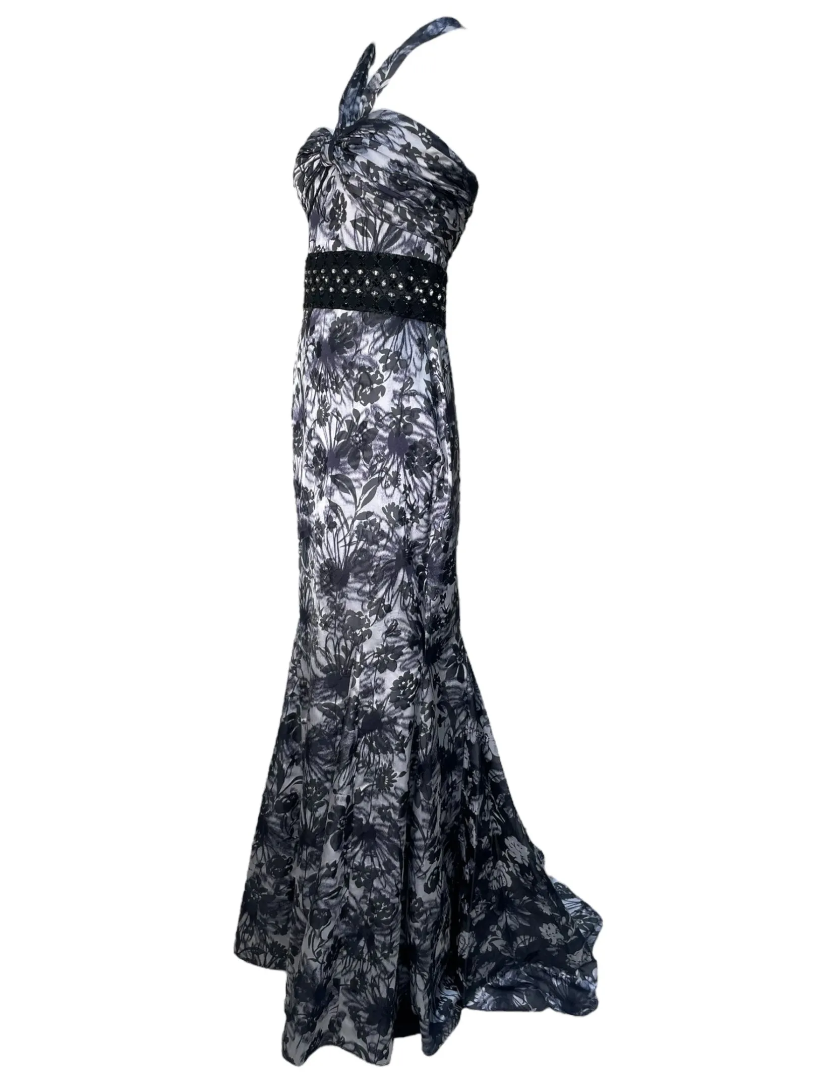 Lorena Sarbu 2000s Cross Neck Warp Printed Black & White Floral Halter Neck Gown
