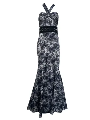 Lorena Sarbu 2000s Cross Neck Warp Printed Black & White Floral Halter Neck Gown