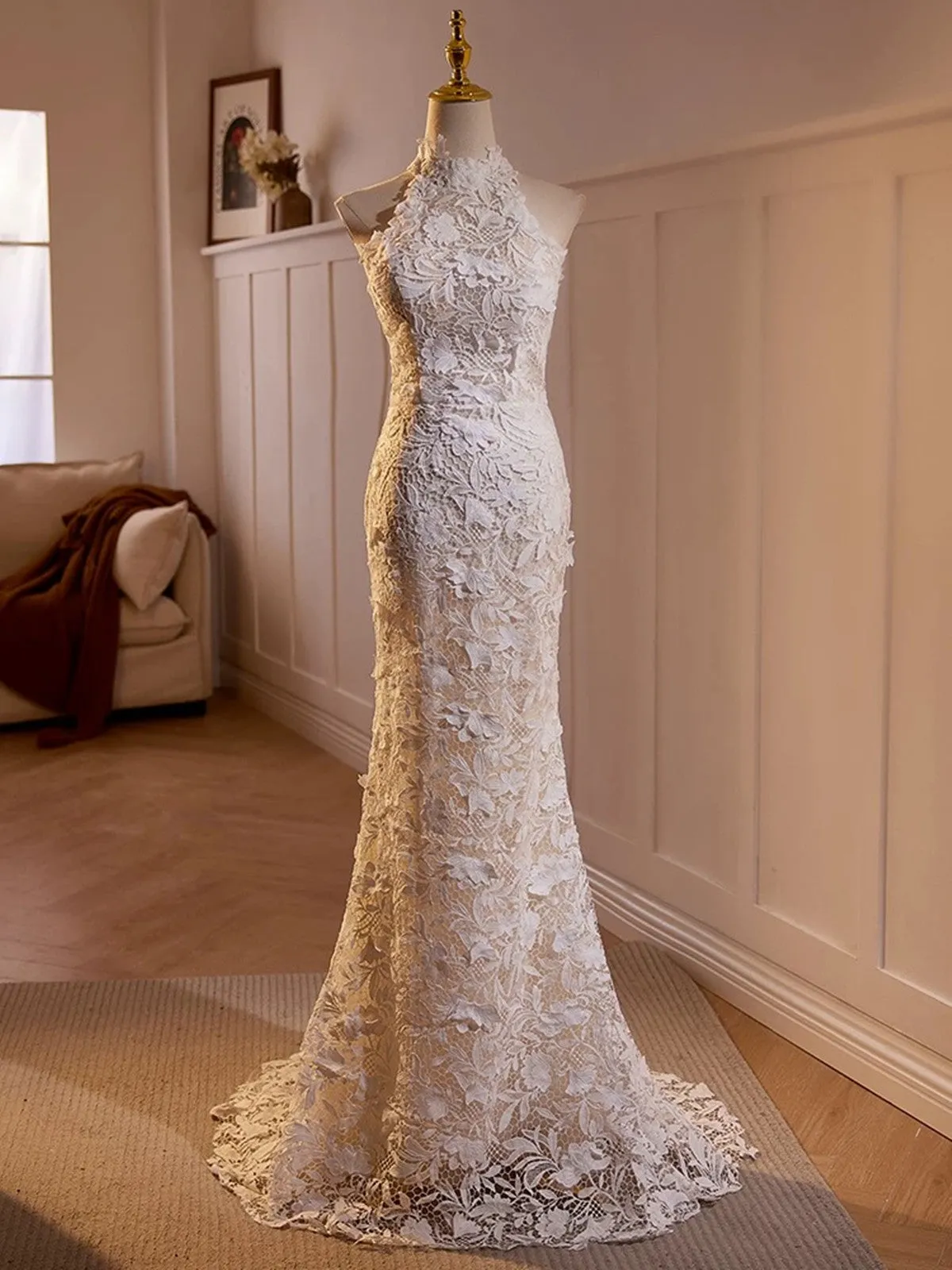 Lovely Lace Mermaid Halter Open Back Wedding Party Dresses, Lace Long Formal Dresses