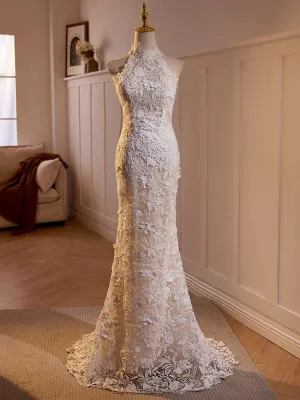 Lovely Lace Mermaid Halter Open Back Wedding Party Dresses, Lace Long Formal Dresses