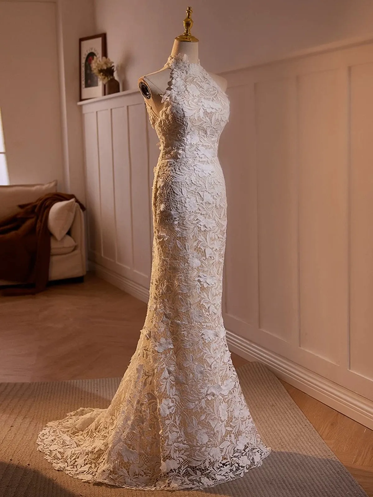 Lovely Lace Mermaid Halter Open Back Wedding Party Dresses, Lace Long Formal Dresses