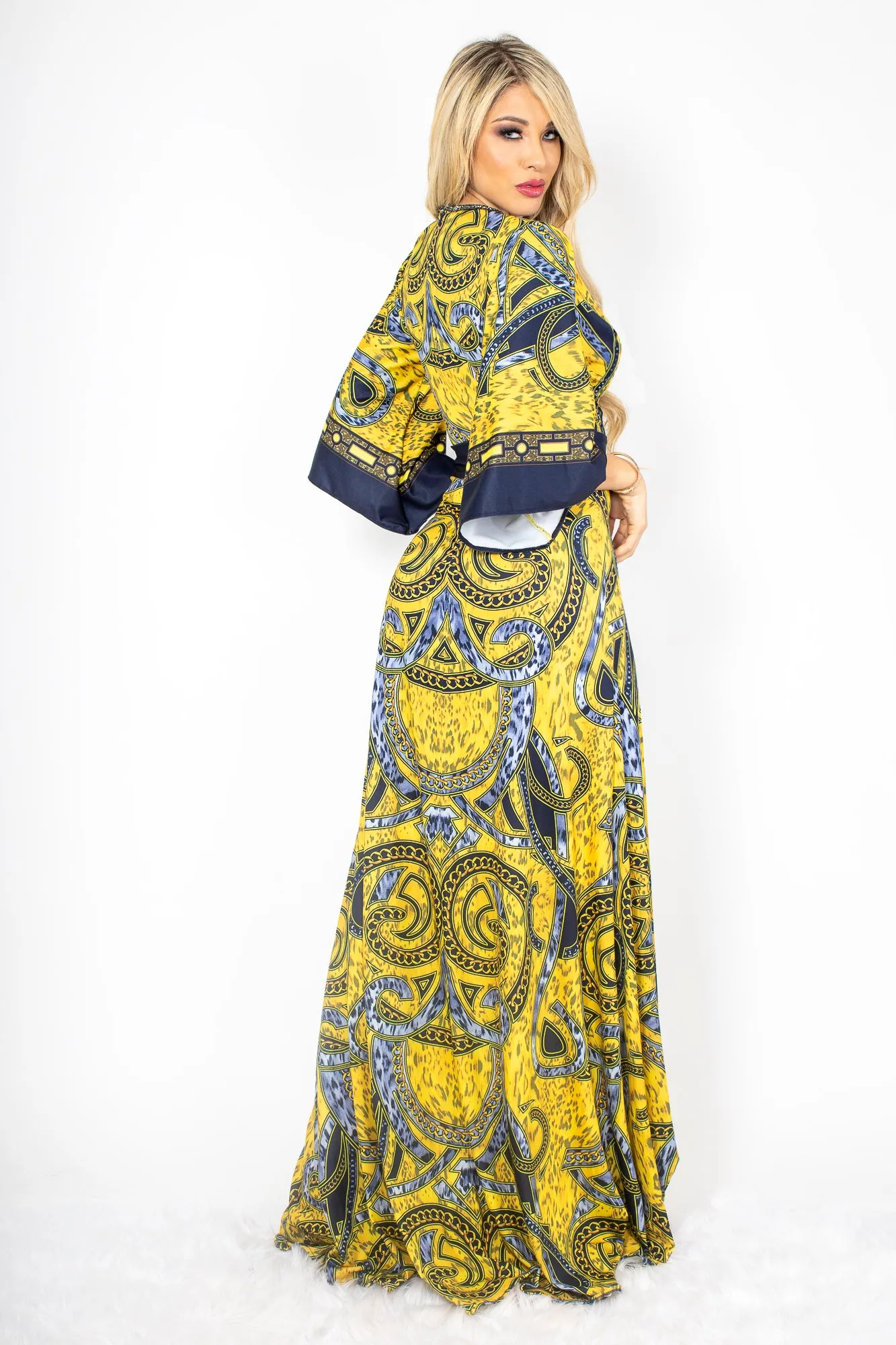 Lucia Yellow Spandex with Grey Crystals Long Dress