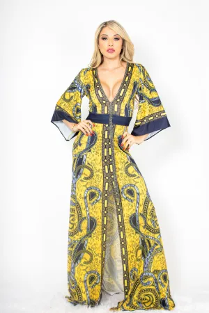 Lucia Yellow Spandex with Grey Crystals Long Dress