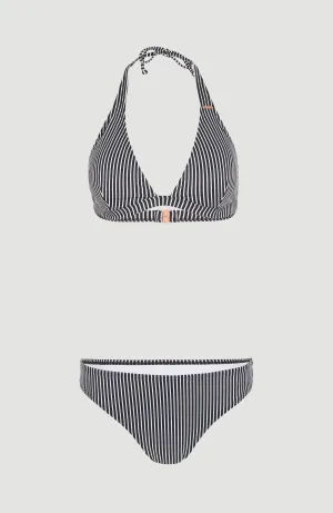 Marga - Cruz Halter Bikini Set | Black Simple Stripe
