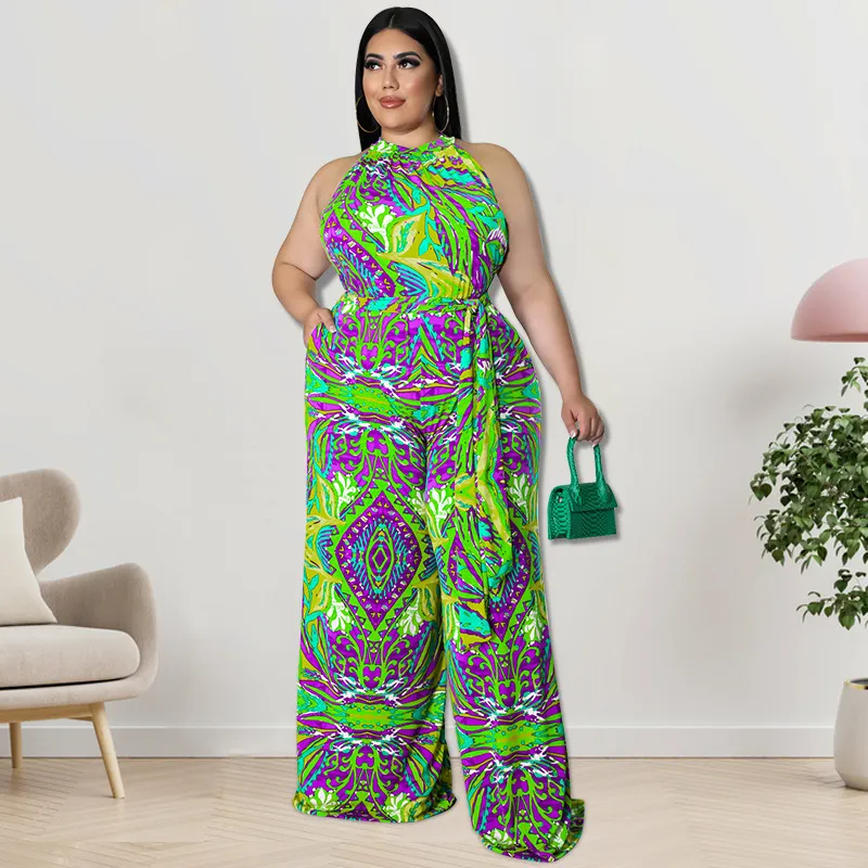 Mariah Sleeveless Printed Halter Tie Waist Wide Leg Jumpsuit