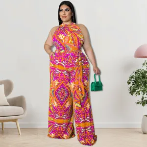 Mariah Sleeveless Printed Halter Tie Waist Wide Leg Jumpsuit