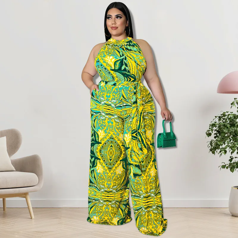 Mariah Sleeveless Printed Halter Tie Waist Wide Leg Jumpsuit
