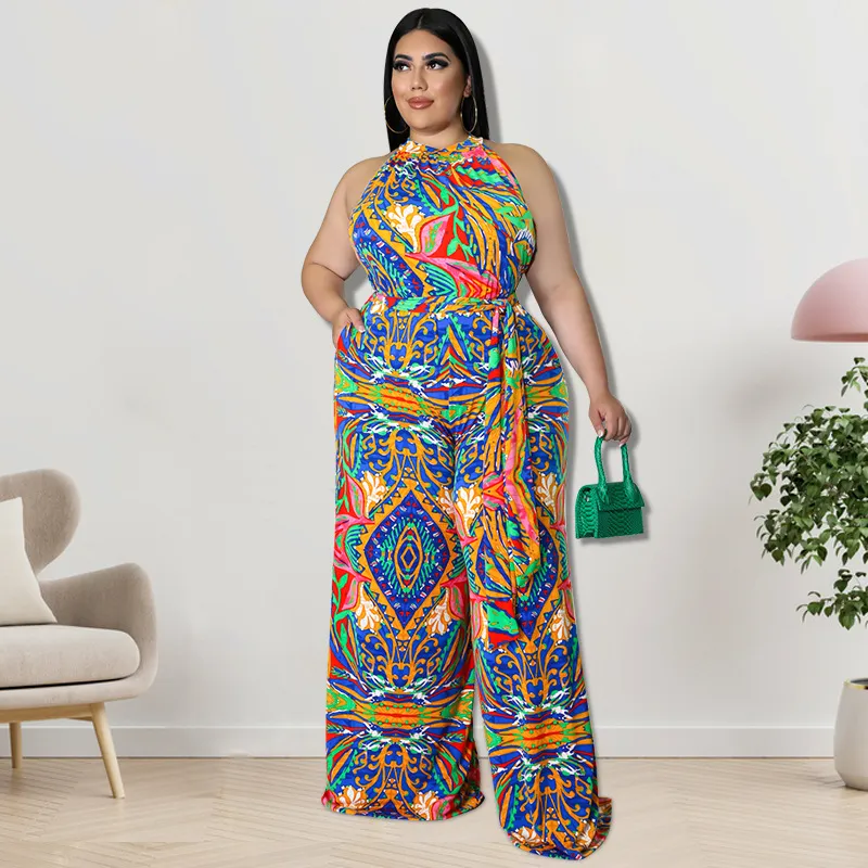Mariah Sleeveless Printed Halter Tie Waist Wide Leg Jumpsuit