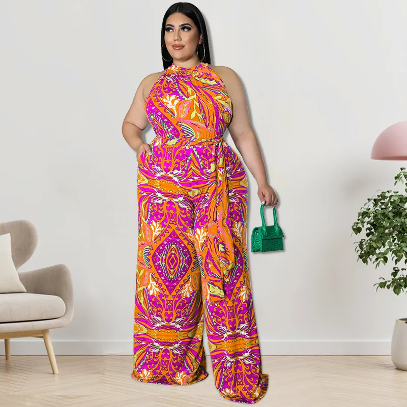 Mariah Sleeveless Printed Halter Tie Waist Wide Leg Jumpsuit