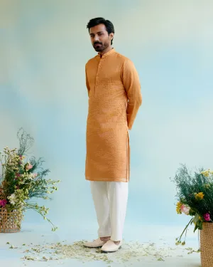 Marigold Petal Crushed 
Stripe Tissue Kurta with Pure 
Cotton Narrow Pants