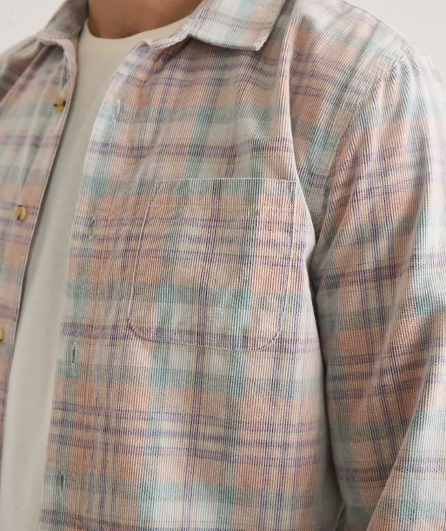 Marine Layer Lightweight Plaid Corduroy Shirt in Cork Multi Plaid