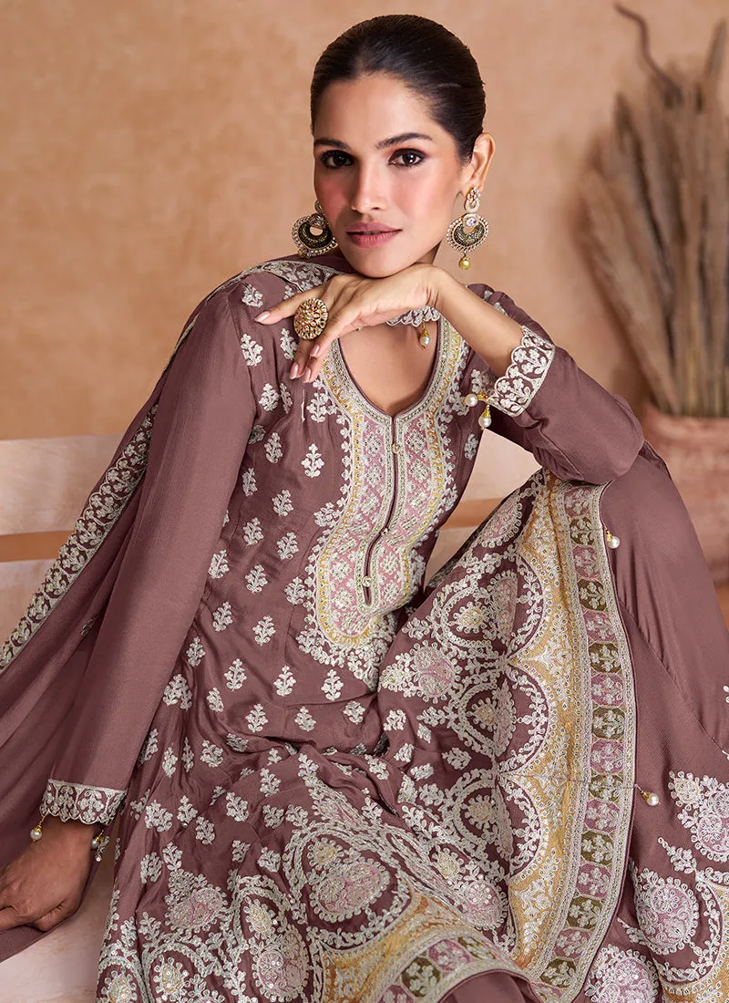 Mauve Multi Embroidery Wedding Gharara Style Suit