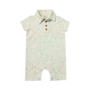 Me & Henry Drift Polo Romper - Tan/Blue Fish