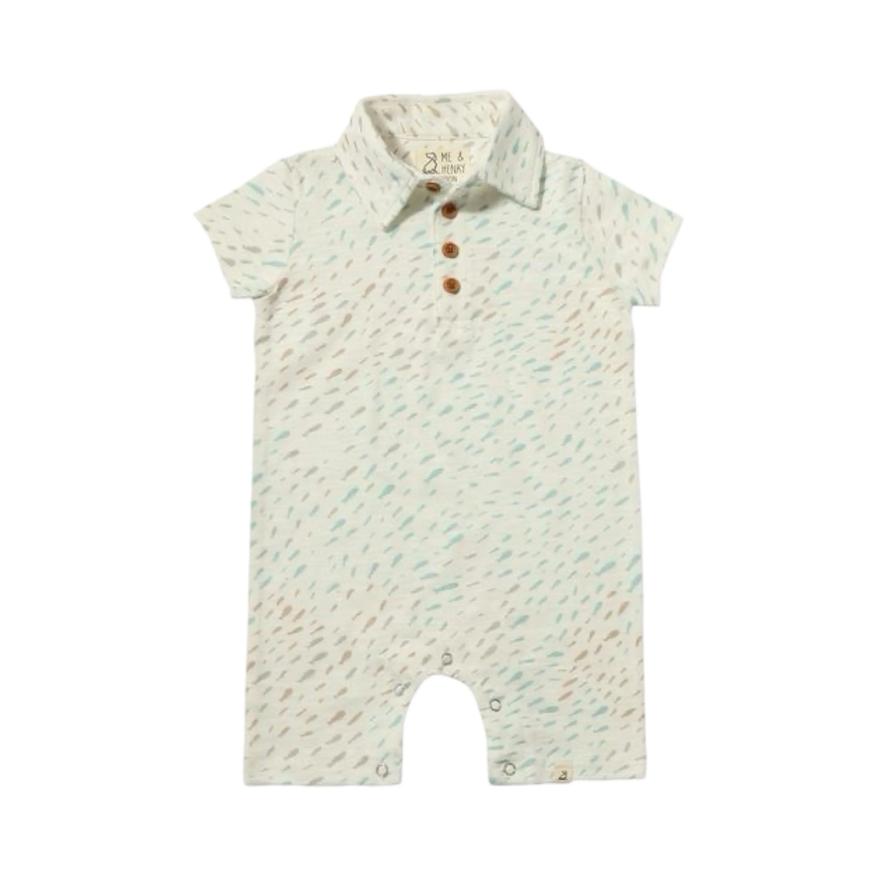 Me & Henry Drift Polo Romper - Tan/Blue Fish