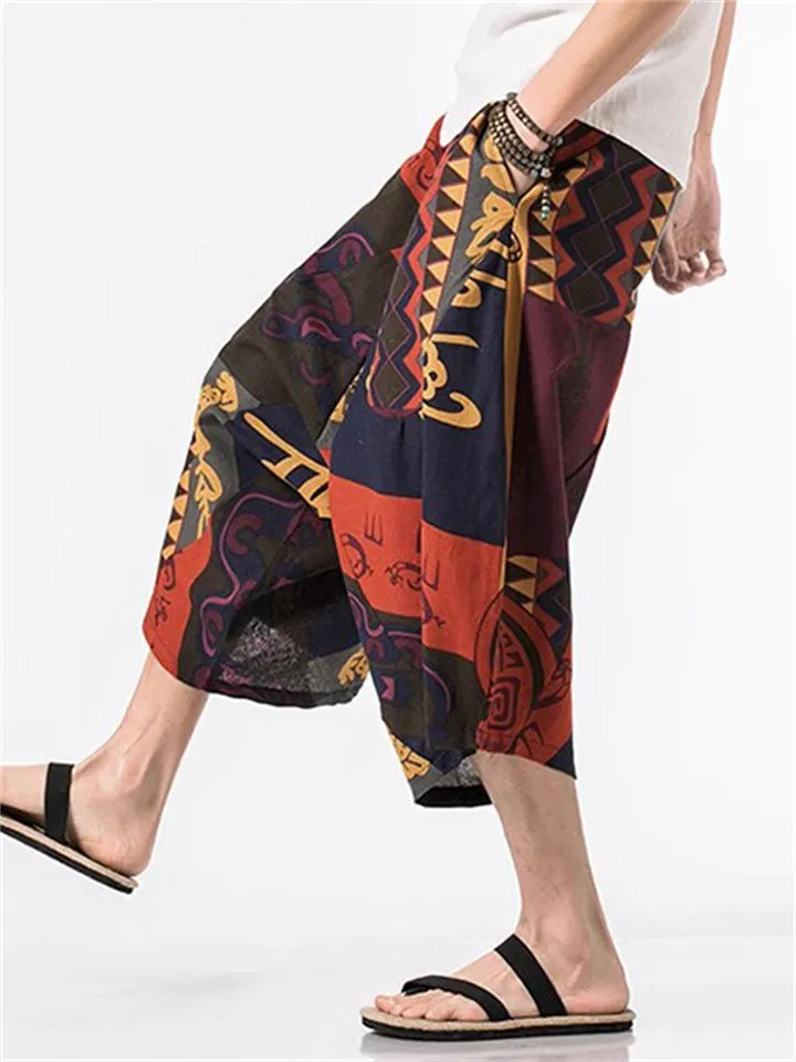 Men's Chinese Style Plus Size Printed Cropped Pants