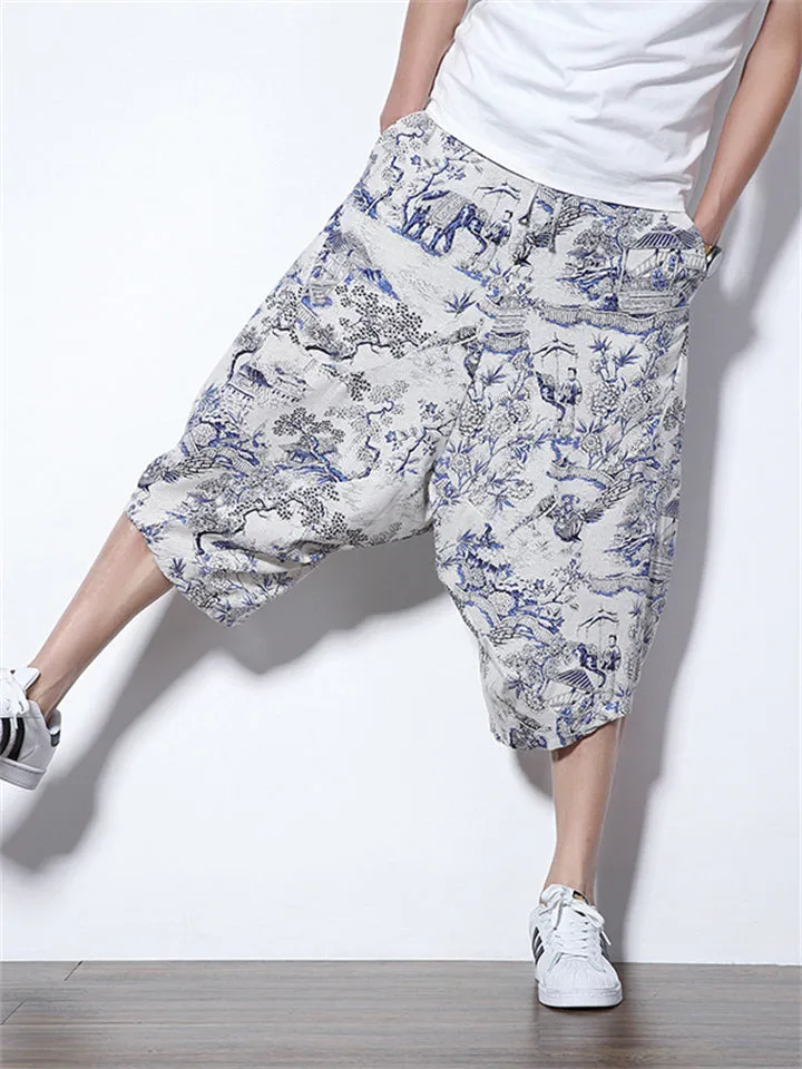 Men's Chinese Style Plus Size Printed Cropped Pants