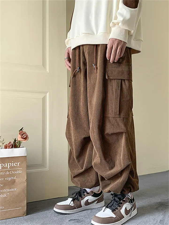 Men's Corduroy Lace Up Multi-Pocket Baggy Cargo Pants