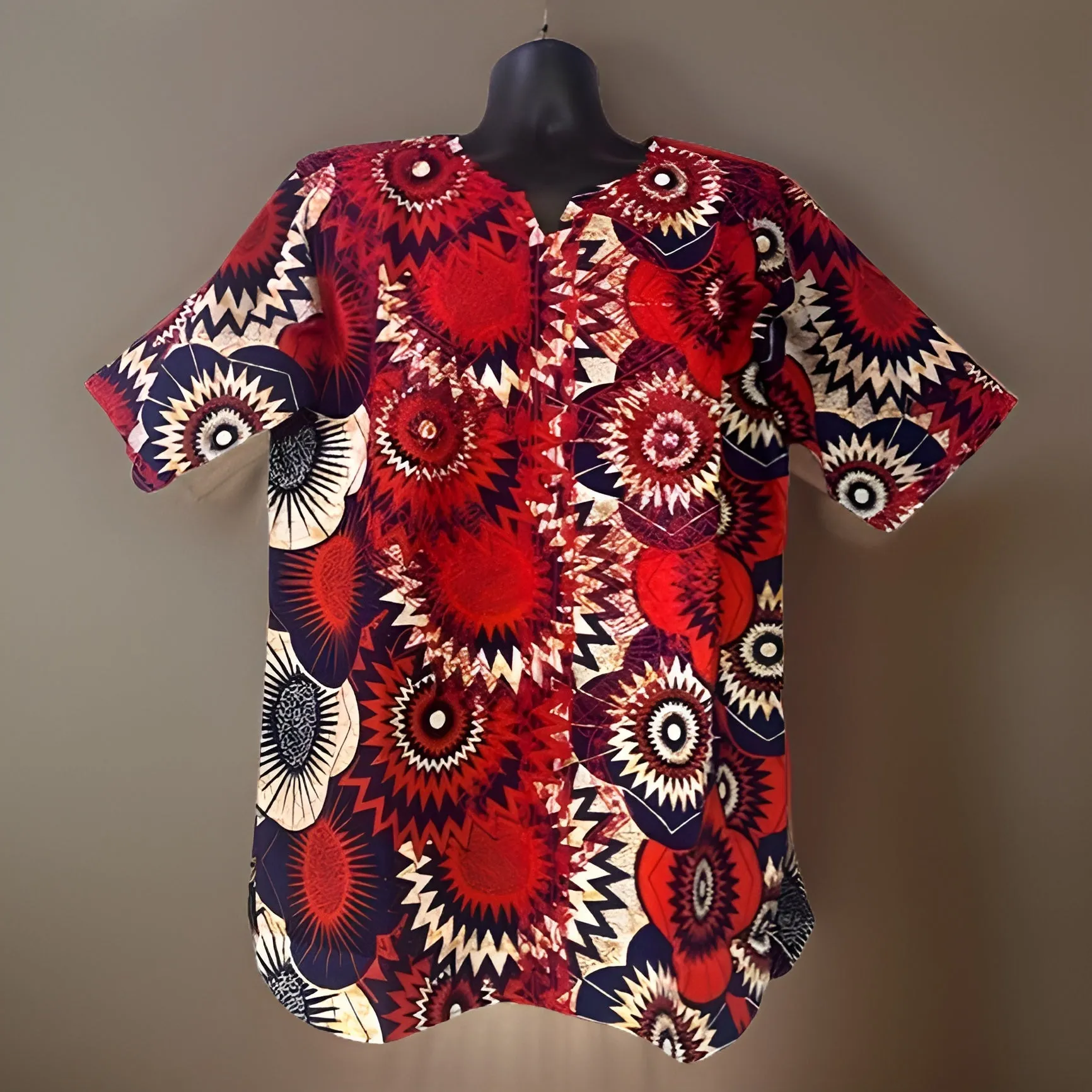 Men's Red African Print Embroidered Dashiki Shirt