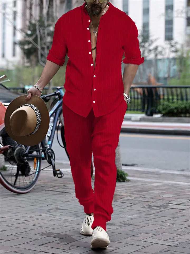 Men's Striped Texture Button Up Long Sleeve Shirt   Long Pants Outfits