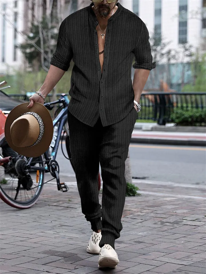 Men's Striped Texture Button Up Long Sleeve Shirt   Long Pants Outfits