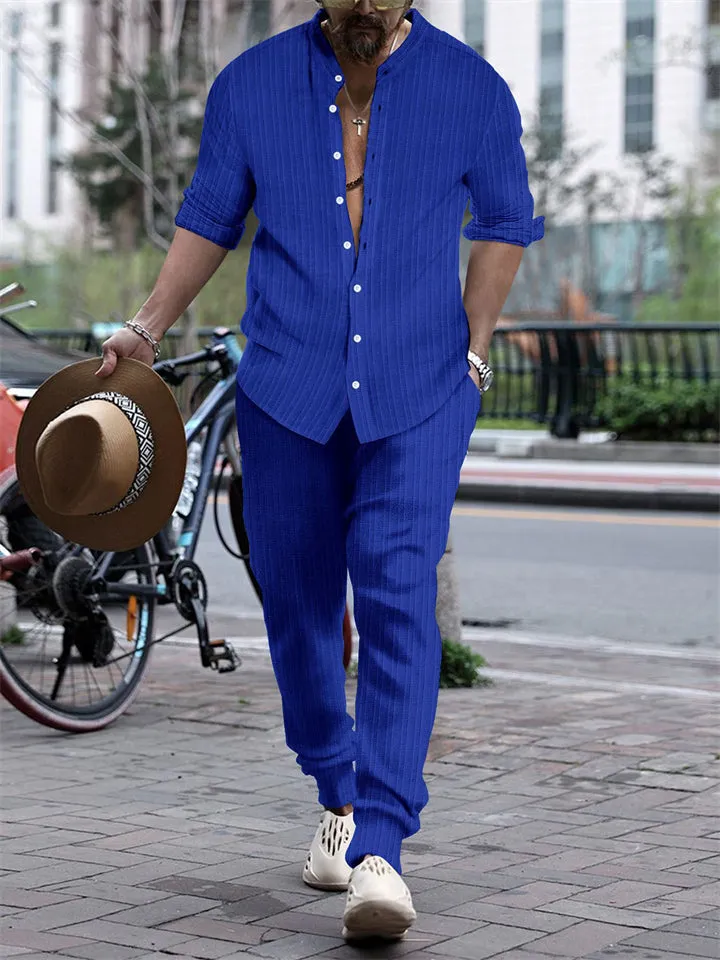 Men's Striped Texture Button Up Long Sleeve Shirt   Long Pants Outfits
