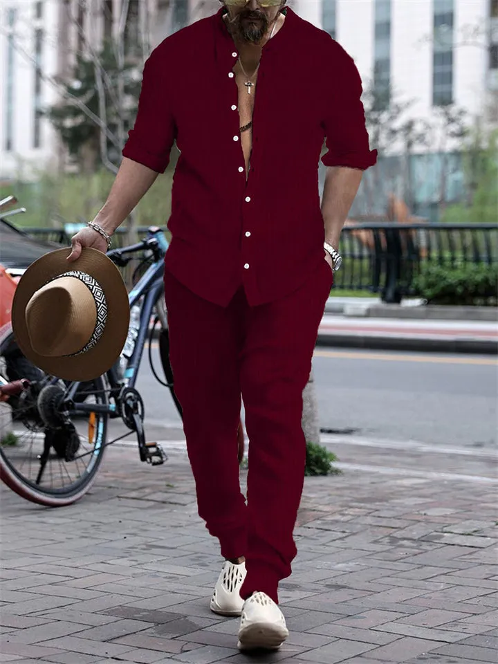 Men's Striped Texture Button Up Long Sleeve Shirt   Long Pants Outfits