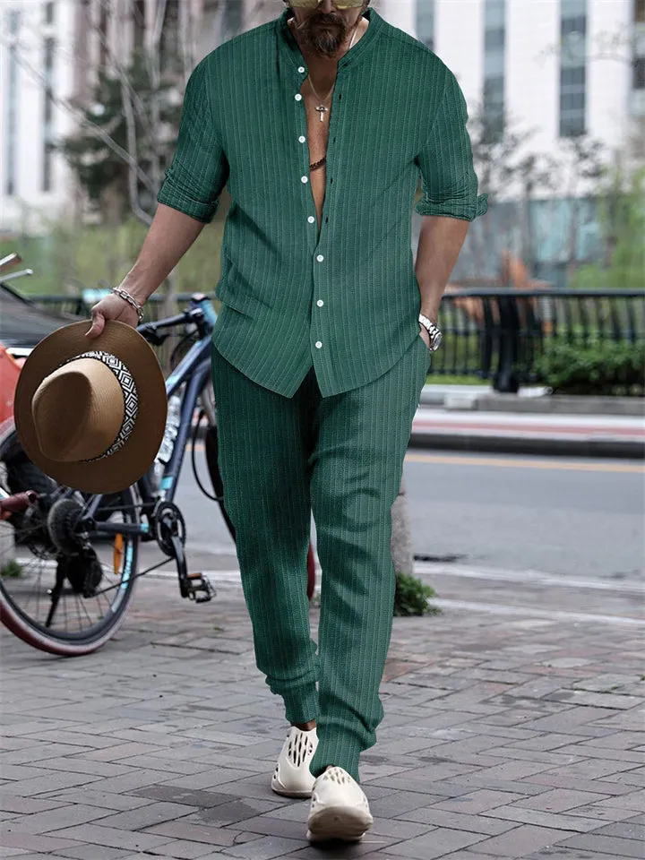Men's Striped Texture Button Up Long Sleeve Shirt   Long Pants Outfits