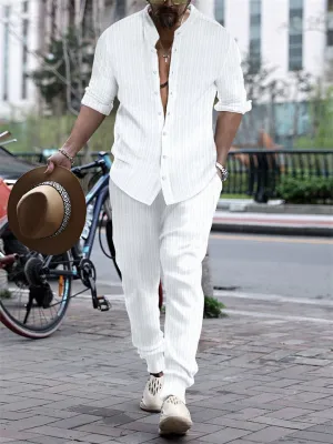 Men's Striped Texture Button Up Long Sleeve Shirt   Long Pants Outfits