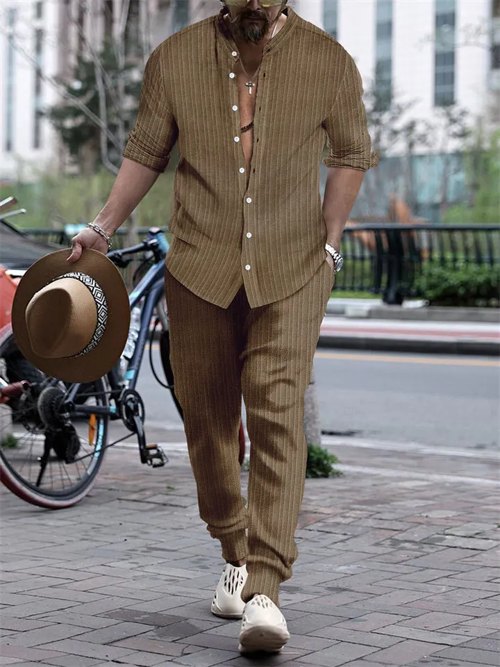 Men's Striped Texture Button Up Long Sleeve Shirt   Long Pants Outfits