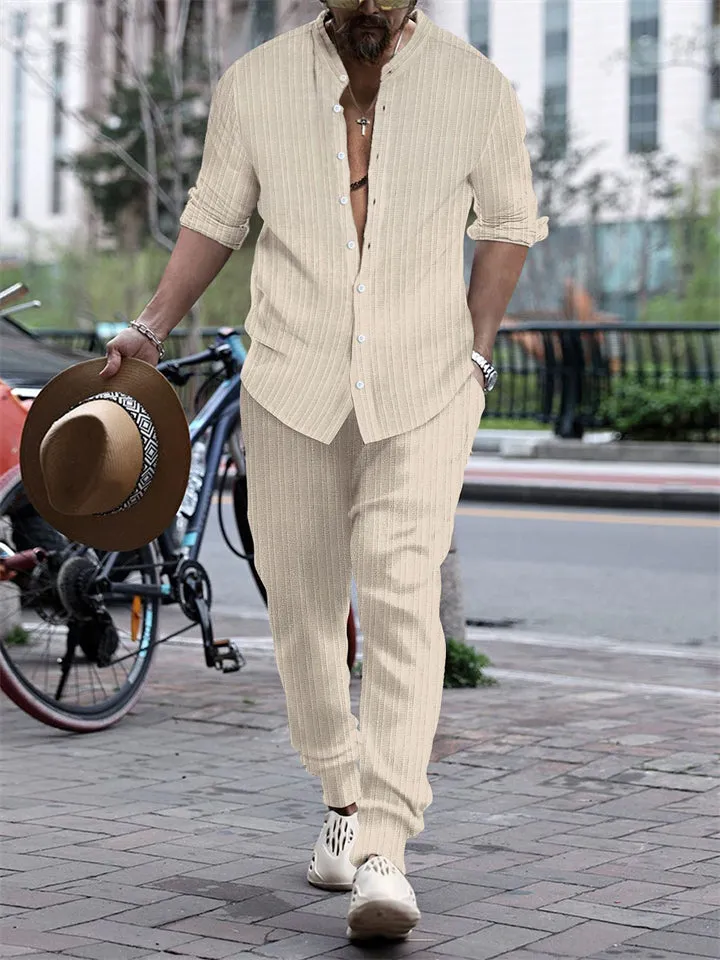 Men's Striped Texture Button Up Long Sleeve Shirt   Long Pants Outfits