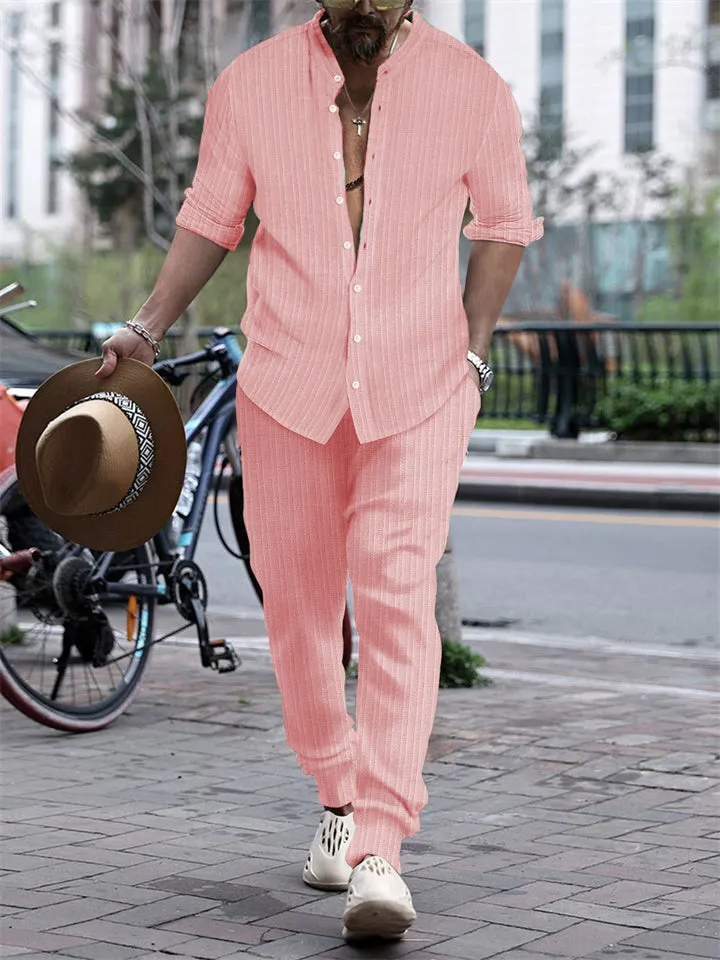 Men's Striped Texture Button Up Long Sleeve Shirt   Long Pants Outfits
