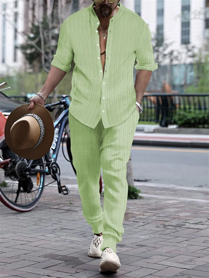 Men's Striped Texture Button Up Long Sleeve Shirt   Long Pants Outfits